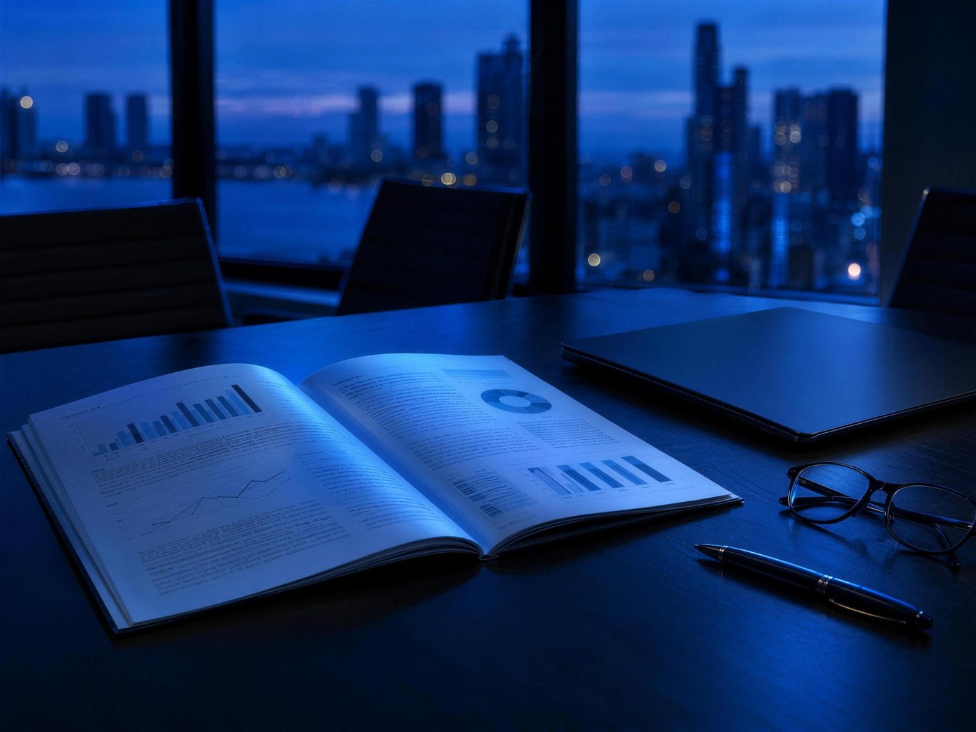 An open printed report beside a closed laptop on a pale meeting table.