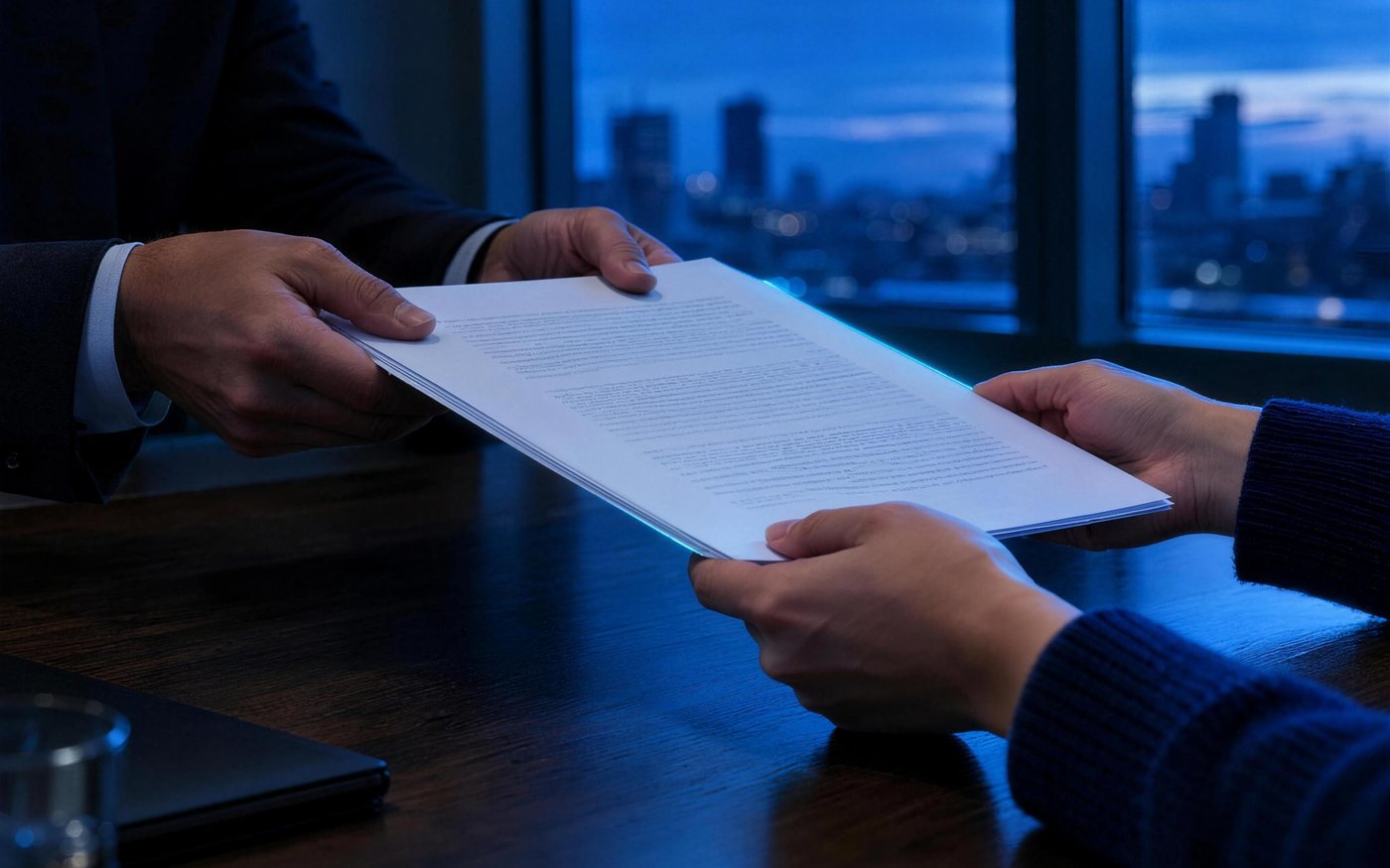 Een geprint rapport dat over een vergadertafel wordt aangereikt in een lichte ruimte.