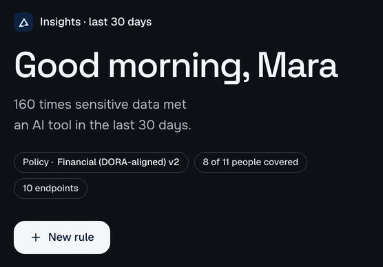 De pagina „Insights” in de Deltawall-console: in de afgelopen 30 dagen kwam gevoelige data 160 keer bij een AI-tool, en 8 van de 11 mensen zijn beschermd.