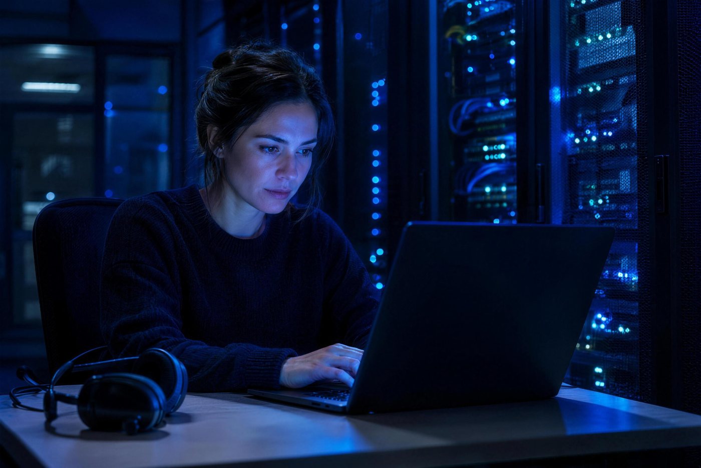 An IT administrator at a laptop in an equipment room.