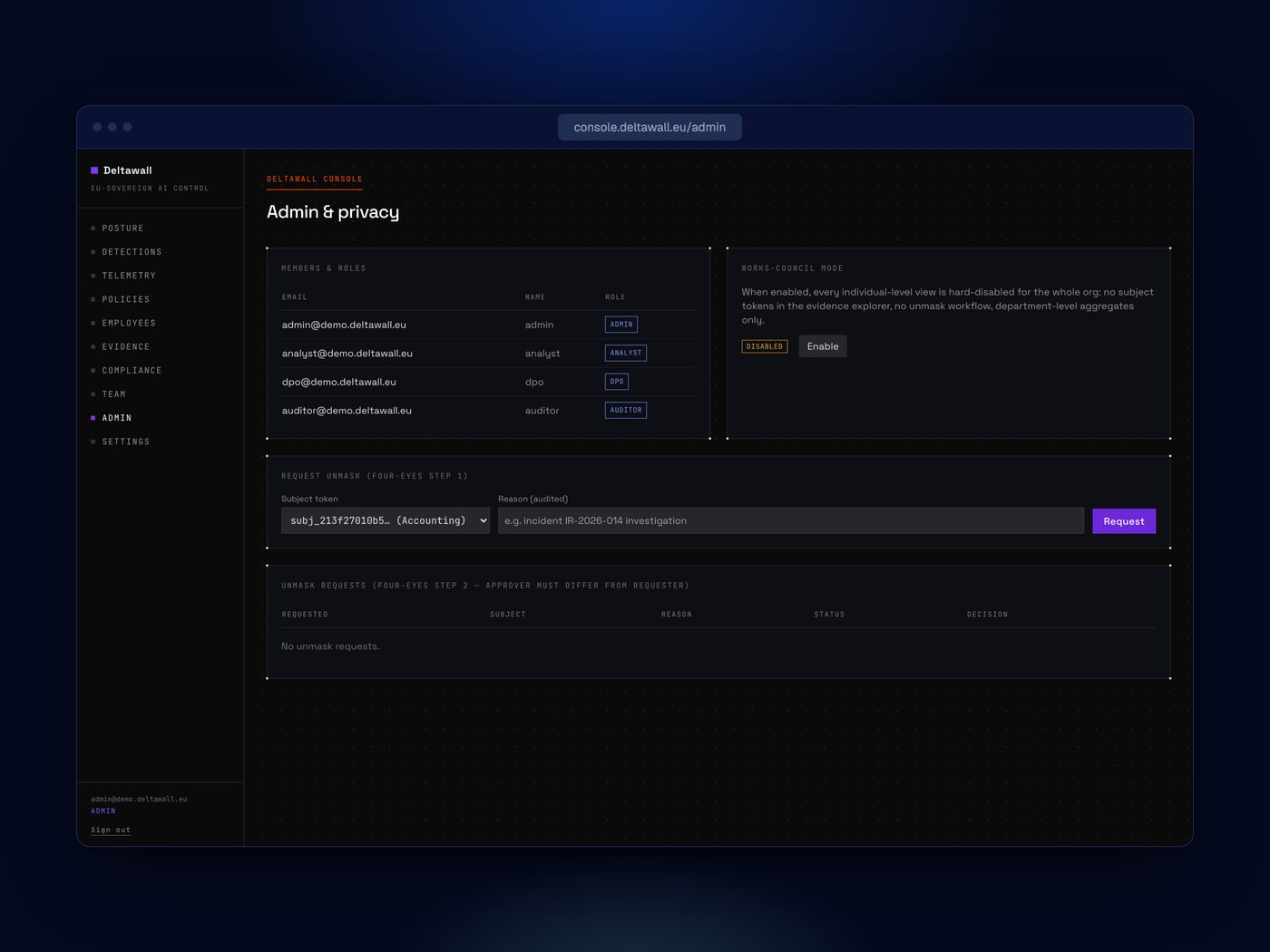The Deltawall admin and privacy page with members, roles and unmasking controls.