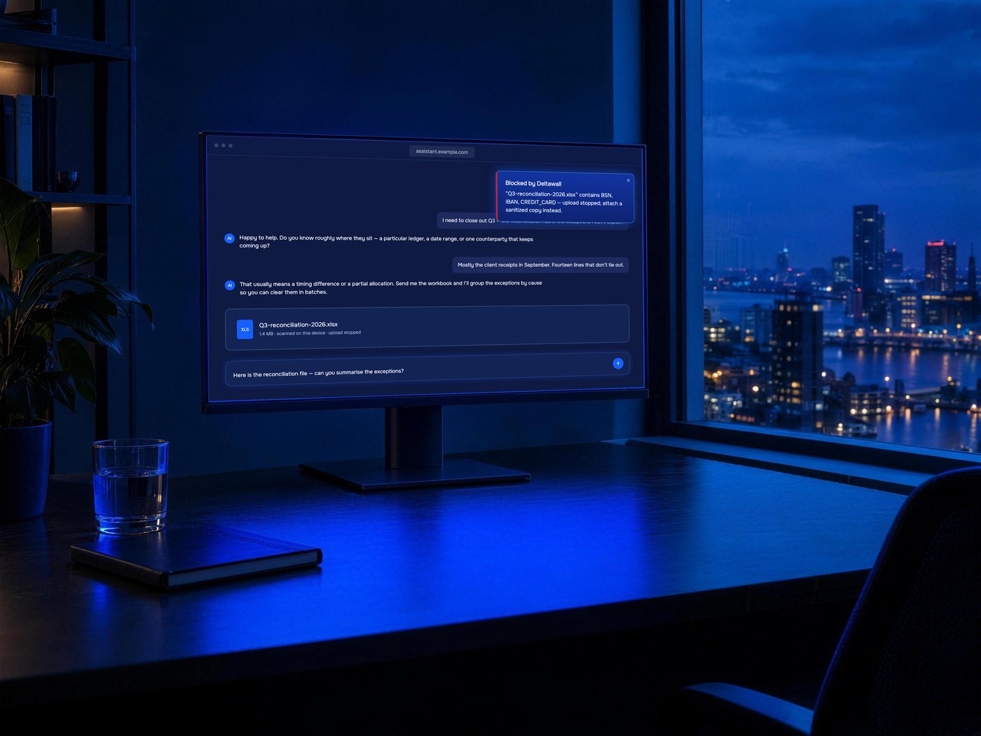 Een monitor op een bureau bij het raam. De Deltawall-banner meldt dat een spreadsheet bij upload is tegengehouden omdat die BSN-, IBAN- en kaartnummers bevat.